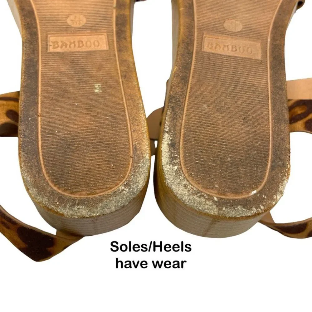 Bamboo Womens Brown Animal Print Faux Leather Strappy‎ Flatform Sandal Size 7.5